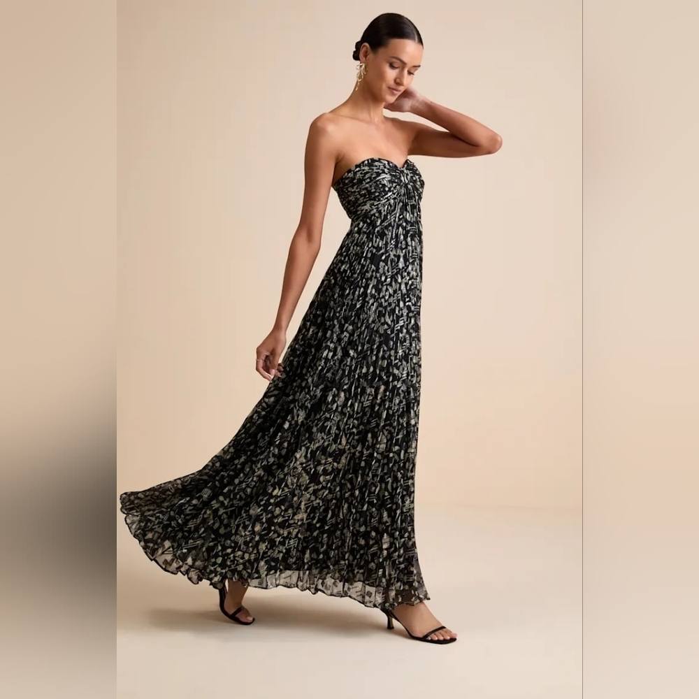 Lulus Lynwen Black Abstract Pleated Strapless Maxi Dress L Wedding Party Formal - Picture 4 of 10